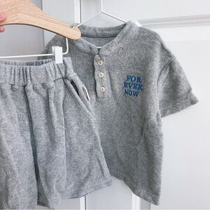 Gray Button-Up Shirt and Shorts Set